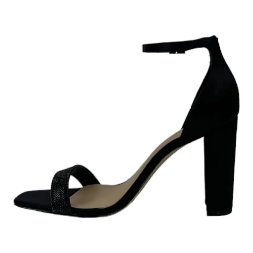 New Women Jewel Badgley Mischka Black Satin Block Heel Sandals US 8.5